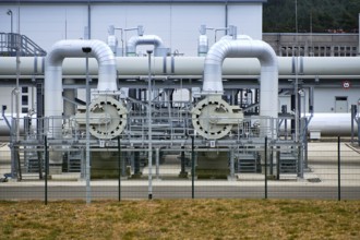 Germany, 3 April 2022: Gas pipes, connections, equipment and pressure reducers at the landfall site