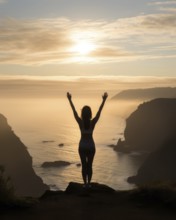 Young woman doing yoga, sunrise by the sea, coast, morning light, AI generated