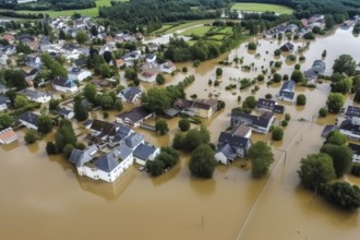 Aerial view of a flooding disaster in a village, flood, flooded street, severe weather, climate