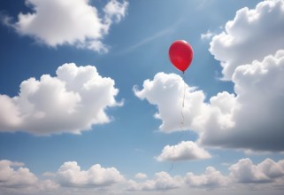 Single red balloon floats against bright blue sky filled with white clouds, AI generated