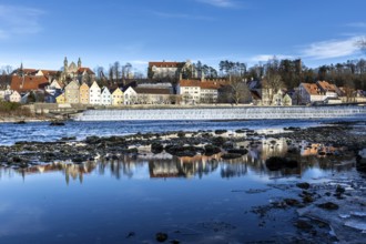 Lech with Karolinenwehr, behind Landsberg am Lech, Bavaria, Germany, Europe