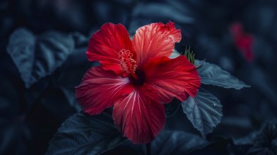A vibrant red hibiscus flower with lush green leaves against a dark, moody background, AI generated