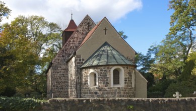 Rear view of the village church with apse, Stahnsdorf, Potsdam-Mittelmark district, Brandenburg,
