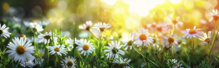Sun-kissed white daisies thriving among vibrant green foliage, ai generated, AI generated