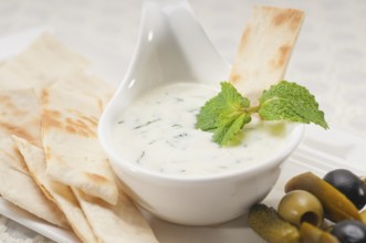 Fresh Greek Tzatziki yogurt dip and pita bread and pickels