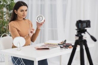 Woman doing commercial with clock