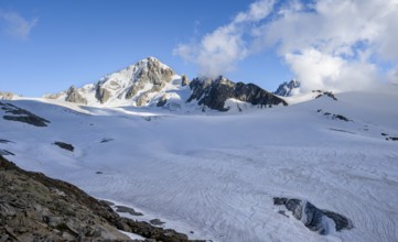 High alpine mountain landscape, summit of the Aiguille de Chardonnet and Glacier du Tour, glaciers
