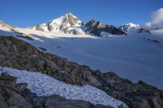 High alpine mountain landscape, summit of the Aiguille de Chardonnet and Glacier du Tour, glaciers