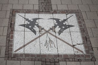 Floor mosaic with two crossed lances, cross, coat of arms, thrusting weapon, polearm, Middle Ages,