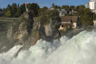 Rhine Falls seen from Laufen Castle, rocky island, Swiss flag, spray, Canton Zurich, on Neuhausen,