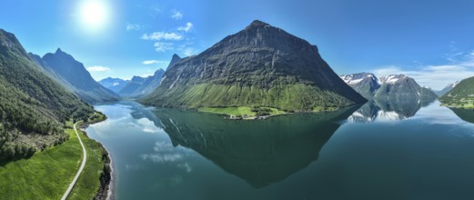 Panorama aerial view of fjord Hjorundfjord, from village Øye (left) to Urke (right), Mt.