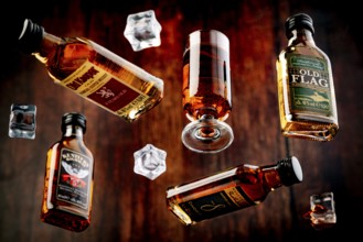 Four whisky bottles and a glass of whisky with floating ice cube cubes against a wooden background