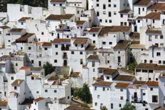 Typical white village of Casares, houses on the hillside, close-up, Route of the white villages,