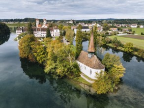 Aerial view of the former Benedictine abbey with the monastery church of St Mary and the pointed