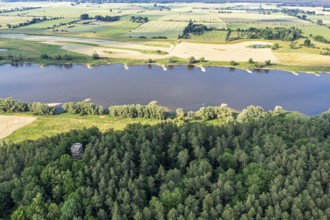 Aerial view of viewpoint Kiepenberg near Elbe river, wooden tower west of village Hitzacker,