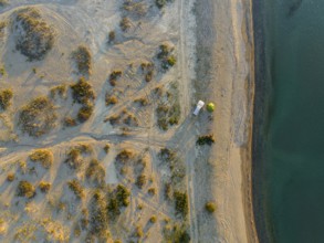 Top-Down, Camping with car, Aerial view, Landscape at Lake Issyk Kul, Kyrgyzstan, Asia
