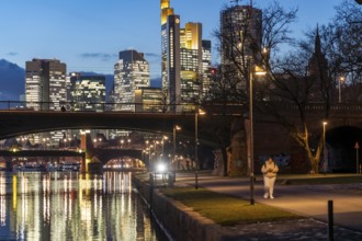 Skyline of the city centre of Frankfurt am Main, cycle and footpath, promenade, along the river
