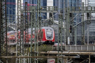 Regional train on the track in front of Frankfurt am Main main station, Skyline, Hesse, Germany,