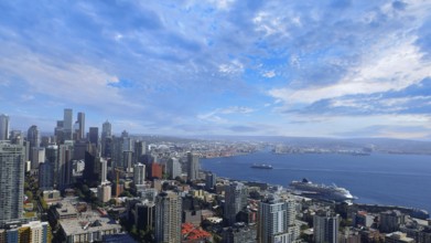 Panoramic view of Seattle Bell Harbor Marina and Seattle financial downtown skyline panorama