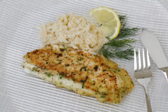 Swabian cuisine, fillet of Lake Constance whitefish with herbs and creamed cabbage, sauerkraut,