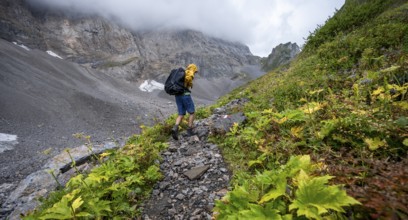Mountaineer hiking in the mountains with yellow jacket, hiking trail to Valentintörl, cloudy