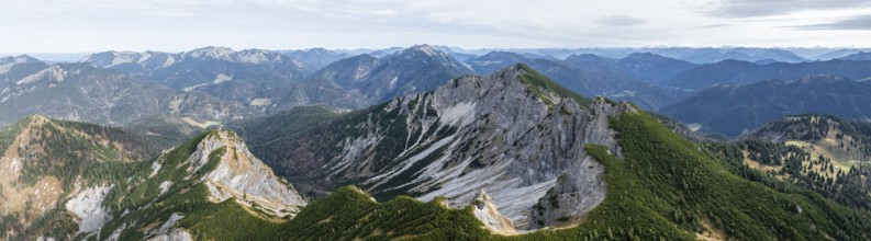 Alpine panorama, aerial view, summit and degree, Bavarian and Austrian Schinder, Tegernsee