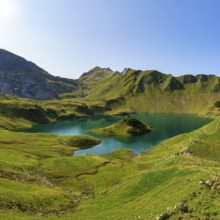 Schrecksee in the midst of green mountains under a clear sky, surrounded by lush vegetation and a