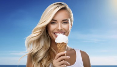 A blonde woman enjoys eating an ice cream in a cone