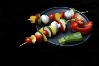Colourful vegetable skewers on a plate, barbecue skewers