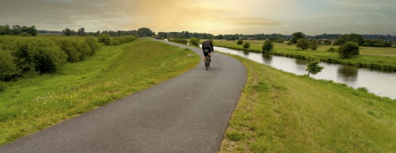 Cyclist on a cycle path by the river, landscape in the Lower Oder Valley National Park, Criewen,