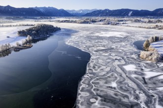 Aerial view of ice formations on a frozen lake, winter, Riegsee, Alpine foothills, Upper Bavaria,