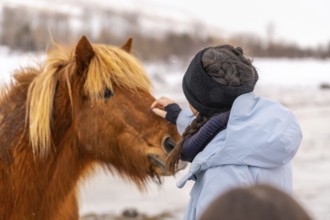 A woman is petting a horse with a brown mane. The woman is wearing a blue jacket and a black hat