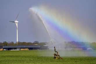 Artificial irrigation of a cereal field in April, with a sprinkler system, long dry spell in spring