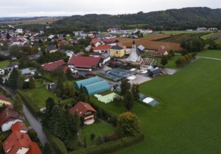 Drone image, residential buildings, view of village with church, Antiesenhofen, Innviertel, Upper