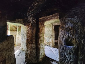 Cave flats in Langenstein, district of Halberstadt, Harz county, Saxony-Anhalt, Germany, Europe