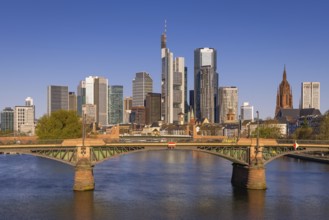 The sun shines on the skyscrapers of Frankfurt's banking skyline in the morning, Frankfurt am Main,