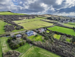 Farms over Swyre and West Bexington from a drone, West Bexington Nature Reserve, S W Coast Path,
