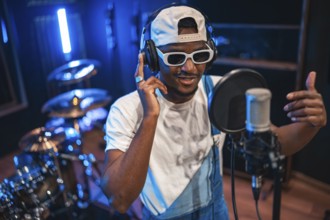 Young fashionable artist wearing headphones and sunglasses, singing into a microphone and recording