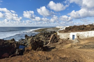 Fishing village on the rocky west coast, black lava coast, coastline, Cumulus, El Golfo, Yaiza,