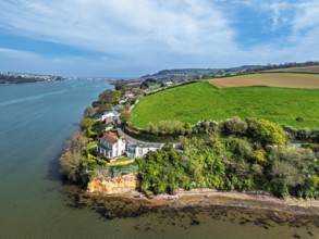 Farms and Fields over River Teign from a drone, Teignmouth, Shaldon, Devon, England, United