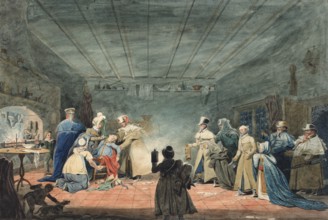 Hospitality of a farmer to travellers in a carriage that has broken down, 1819, England,