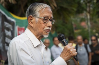 Hiren Gohain, a leading intellectuals of Northeast India speaks as he protest over Pahalgam terror