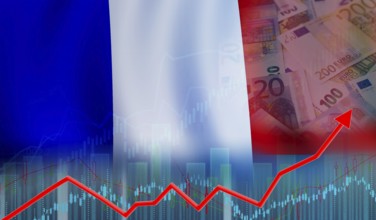 France economy recovery on bar chart. Growth of the French economy on the financial graph