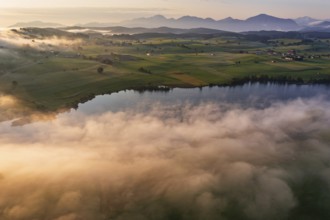 Aerial view of a lake in front of mountains in the morning light, fog, autumn, Riegsee, view of