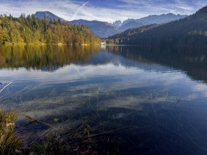Autumn atmosphere at Hechtsee lake near Kufstein, behind Wilder Kaiser, Tyrol, Austria, Europe