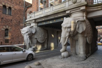 Monumental stone elephants with Indian swastika, elephant gate or elephant portal or elephant