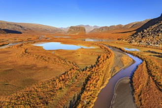 Lake, river, river delta, autumn colours, autumn, mountains, sunny, aerial view, Rapadalen, view of