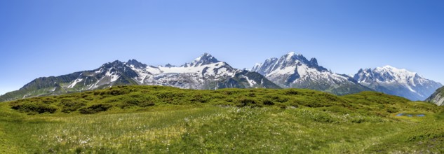 Mountain panorama with glaciated mountain peaks, Aiguille de Chardonnet with Glacier du Tour,