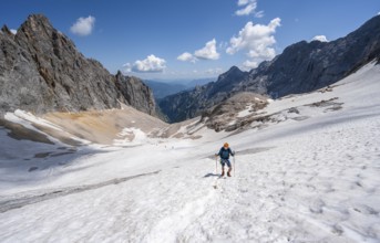 Mountaineer on a snowfield, mountain basin with glacier remnant of the Höllentalferner, Höllental,