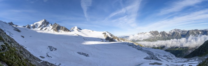 High alpine mountain landscape, summit of the Aiguille de Chardonnet and Glacier du Tour, glaciers